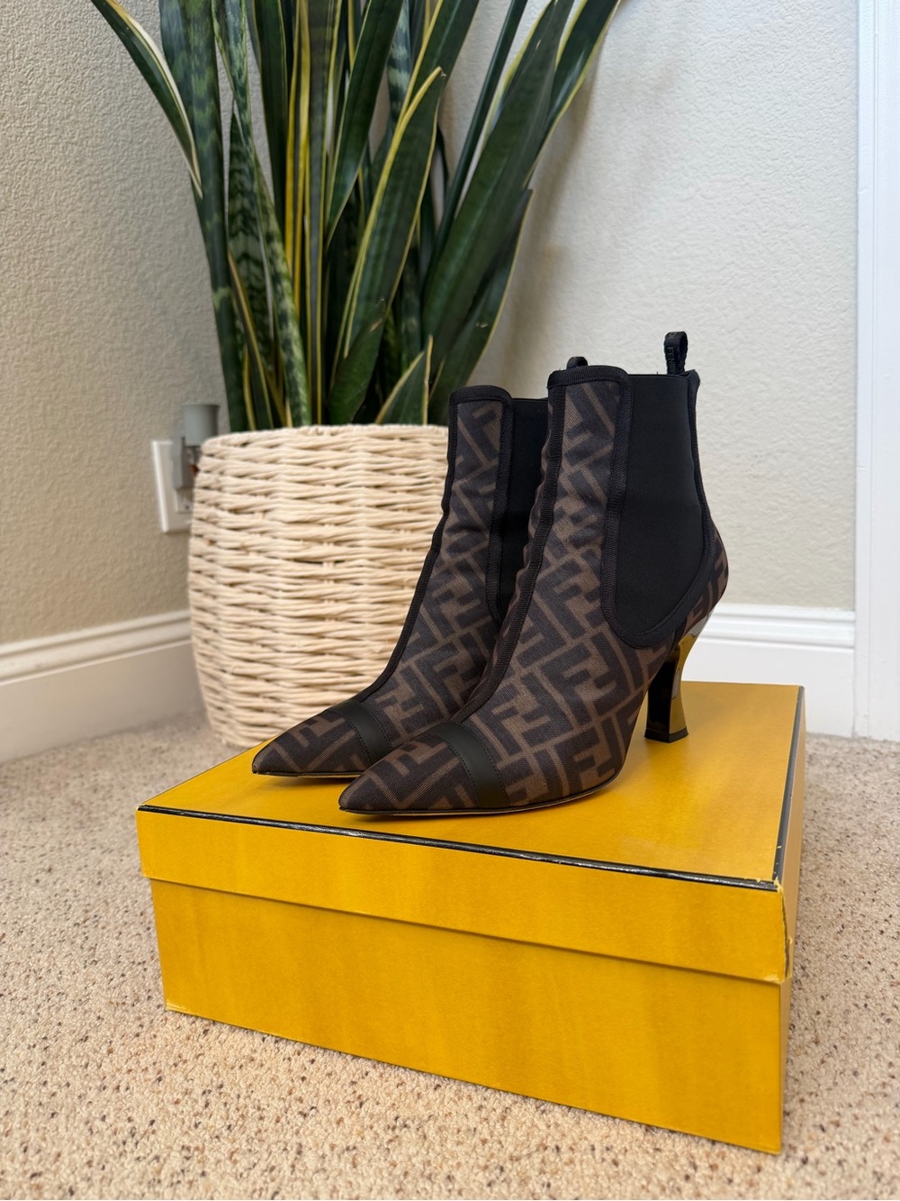 Fendi Brown Monogram Pointed Toe Ankle Boots with Black Elastic Panels
